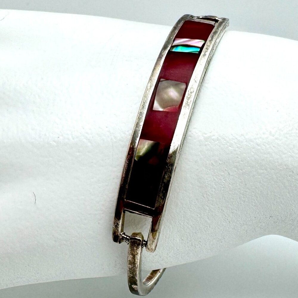 Vintage Mexican Alpaca Silver Tone Bracelet With Red Enamel & Abalone Inlay